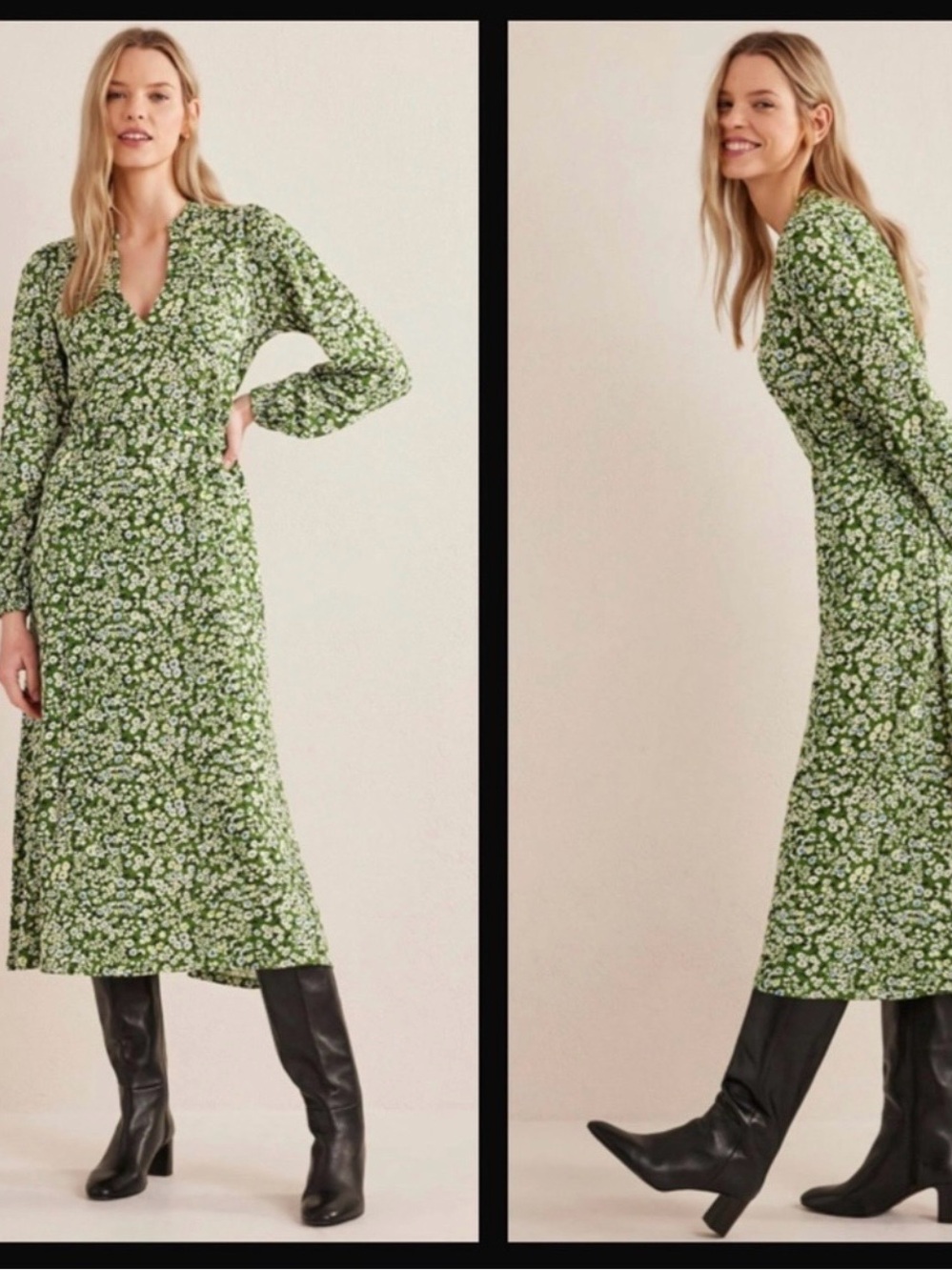 Boden Green Ditsy Floral Long-Sleeve Midi Dress